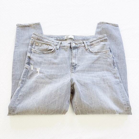 Zara Grey Wash Skinny Denim Jeans Distressed Hem SZ14 - Picture 2 of 9